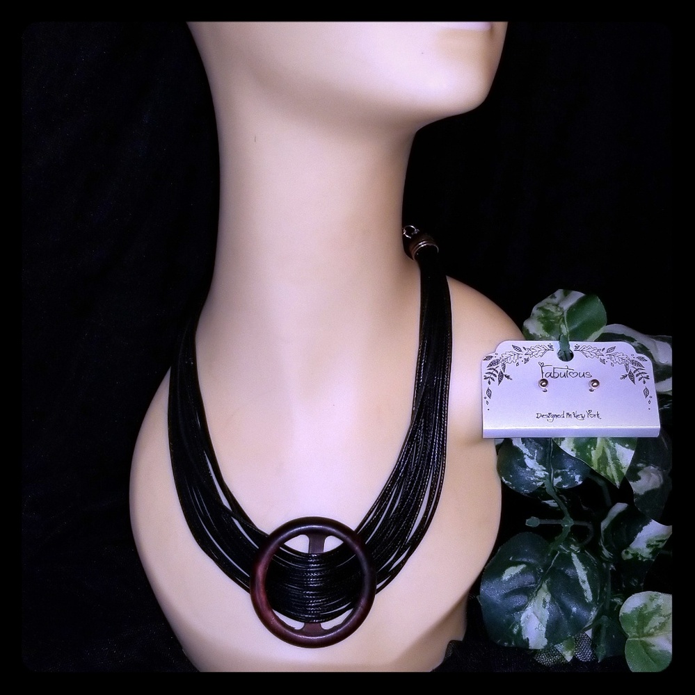 Fabulous Multi Strand Waxed Cord Necklace Set Lightweight Wood Pendant